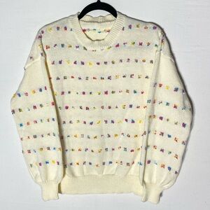 Cream With Multicolour Dots Striped Bubble Sleeve Crew Neck Pullover Sweater L